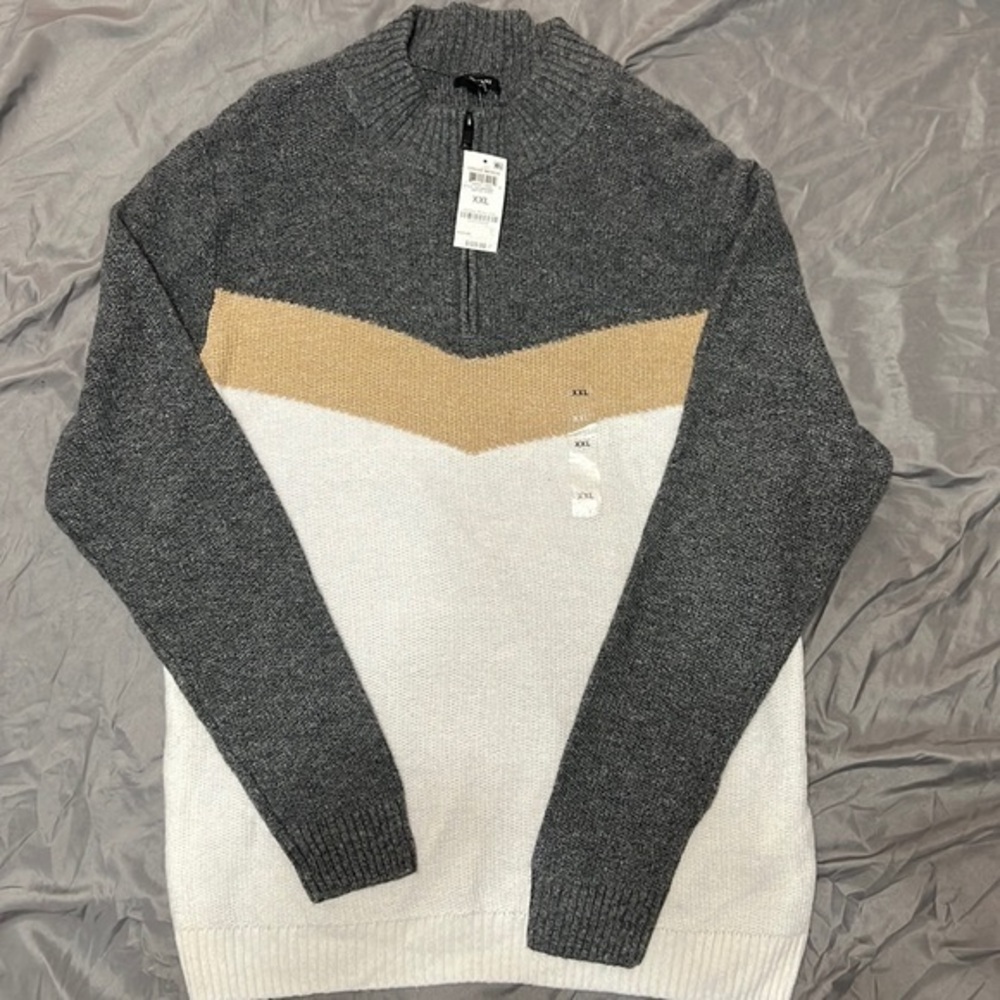 Alfani Quarter Zip Sweater. Men’s XXL. Block Colors. Dark Gray, Cream, White.